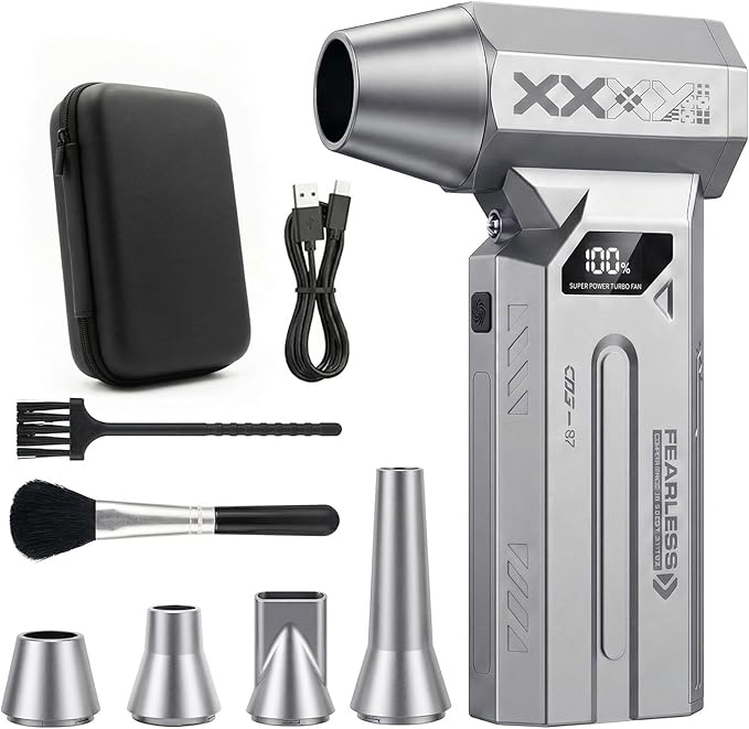 Compressed Air Duster, 120000RPM Cordless Electric Air Duster with LED Light, 4-Speed Rechargeable Air Blower with 4 Nozzles & 2 Brushes for Keyboard, PC, Car, Home and Tight-Space Cleaning