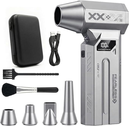 Compressed Air Duster, 120000RPM Cordless Electric Air Duster with LED Light, 4-Speed Rechargeable Air Blower with 4 Nozzles & 2 Brushes for Keyboard, PC, Car, Home and Tight-Space Cleaning