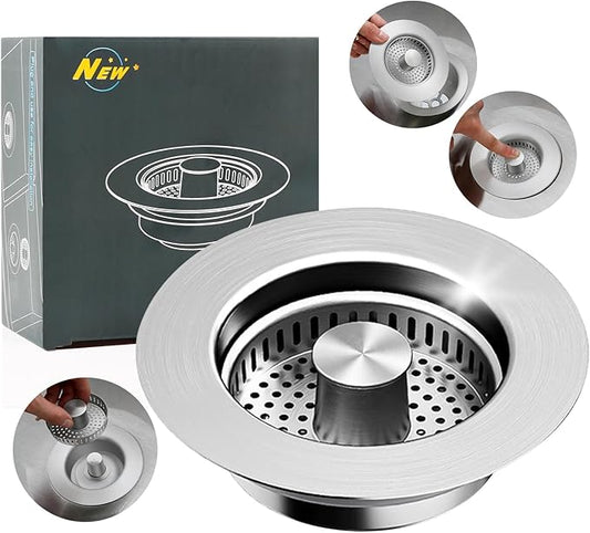 Kitchen Sink Drain Strainer,Stainless Steel 3-in-1 Pop-up Sink Stopper with Sealing Ring, Anti-Clog & Odor-Proof Drain Filter, Fits 3-1/2 Inch Sink Drain Holes, Easy Installation
