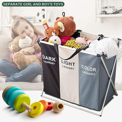 Nicesail 3 Section Laundry Basket Printed Dark Light Color, Foldable Hamper/Sorter with Waterproof Oxford Bags and Aluminum Frame, Washing Clothes Storage for Home, Dormitary Multicolored