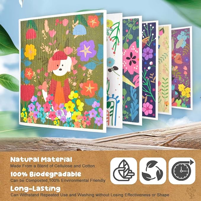 CONLI 6 Pack Swedish Dishcloth Reusable Dish Cleaning Towels Super Absorbent Fast Drying Cloths for Kitchen Cleaning - 6 Assortment Designs (H-Flower CAT Dog)