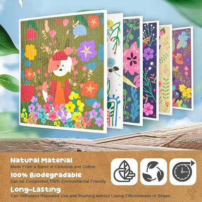 CONLI 6 Pack Swedish Dishcloth Reusable Dish Cleaning Towels Super Absorbent Fast Drying Cloths for Kitchen Cleaning - 6 Assortment Designs (H-Flower CAT Dog)