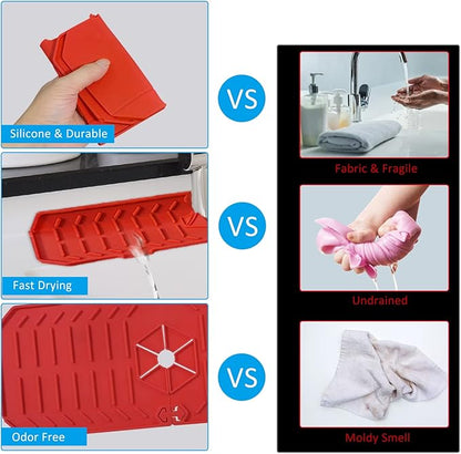 Silicone Faucet Handle Drip Catcher Tray, Faucet Mat for Kitchen Sink Splash Guard Behind Faucet for or Bathroom Farmhouse Bar Countertop RV(Red), 14.6x5.9x0.2