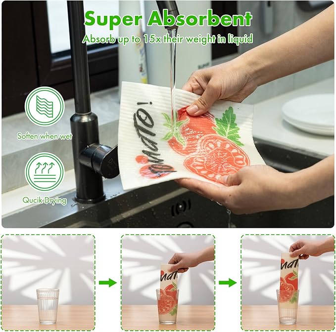 Swedish Dishcloths for Kitchen, 6 Pack Vegetable Swedish Dish Towels with Clips, Reusable Paper Towels Washable Non-Scratch Super Absorbent Cellulose Sponge Cloths, Biodegradable No Odor