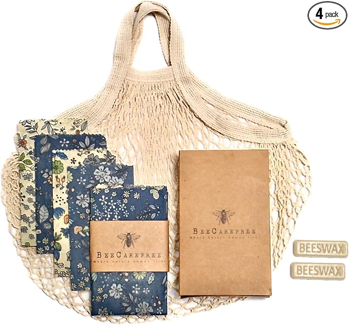 4-Pack Reusable Beeswax Wraps with Produce Bag & 2 Beeswax Bars