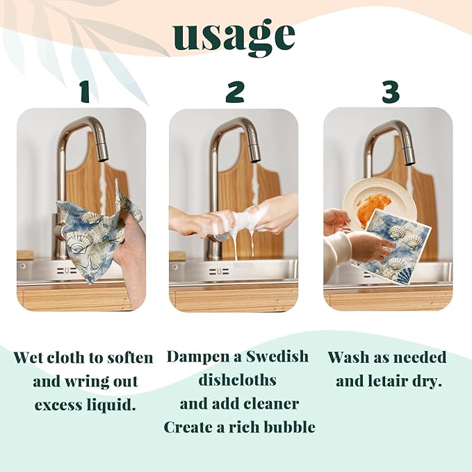 Beach Ocean Swedish Dishcloths for Kitchen, Shells Starfish Swedish Dish Cloths for Ocean, 4 Pack Dish Towels for Kitchen, Papaya Reusable Paper Towels Washable