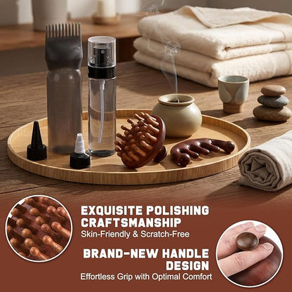 ProSuites 6 in 1 Set Wooden Head Scalp Massager Comb Tool Hair Gua Sha Comb with 6 OZ Hair Oil Applicator Bottle Spray Bottle for Relaxation