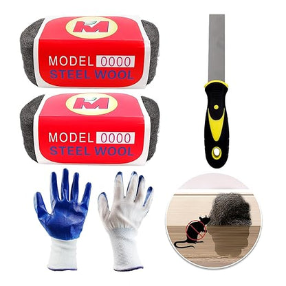 Daily Treasures 2pcs Steel Wool with Nitrile Material Gloves and Large Contact Shovel, Sharp to Prevent Rodents Steel Wool Mice Control, Rodent Control Excluder Mesh for Cracks Vents in Garden House