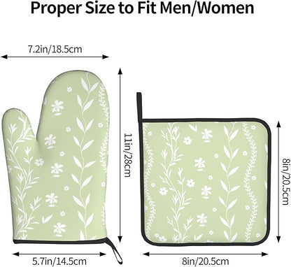 Sage Green Oven Mitt Pot Holder Set Floral BBQ Cooking Gloves Farmhouse Botanical Baking Grilling Kitchen Gifts for Spring Summer