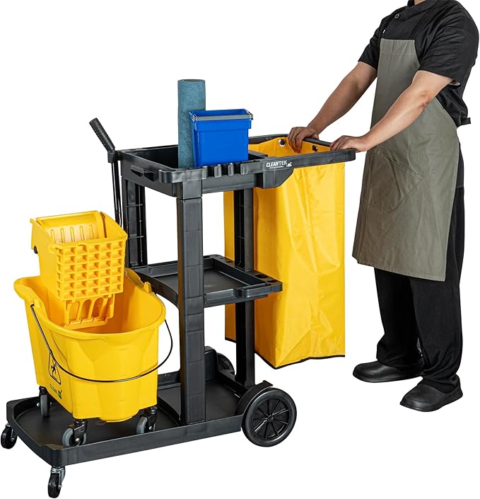 Restaurantware-Clean Tek Professional Janitor Cart with Wheels, 1 Cleaning Trolley with 18 Gallon Bag - 3 Shelves, Heavy-Duty, Black Plastic Commercial Janitorial Cart, for Restaurants