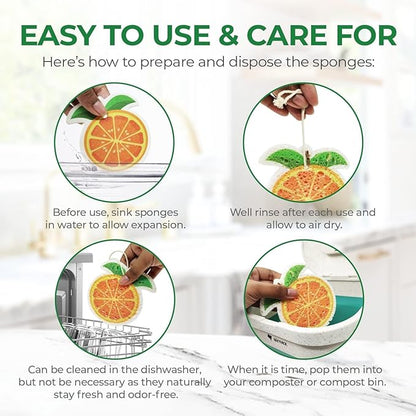 AIRNEX Biodegradable Cellulose Compressed Sponges Bulk - Fruit Shaped Kitchen Pack of 8 - Eco Friendly, Odor Free, Natural, Pop Up Compostable Scrubbers for Washing Dishes
