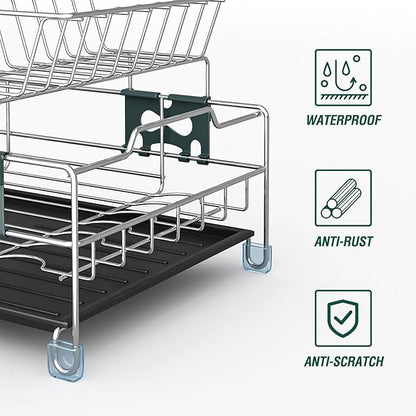 Dish Drying Rack - Large Capacity Stainless Steel Dish Rack for Kitchen Counter, 2-Tier Detachable Kitchen Organizers and Storage Rack with Drainboard and Cutlery Holder, Silver