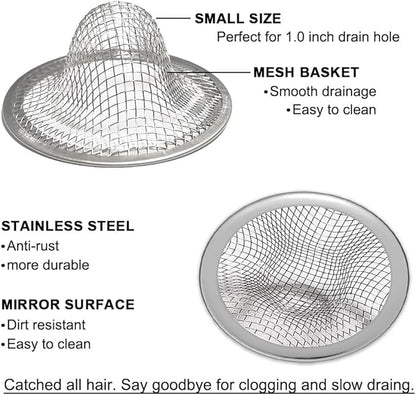1.0" Small Drain Strainer, Sink Drain Hair Catcher, Bathroom Sink Drain Strainer, 2PCS Drain Mesh Baskets for Laundry, Mop Pool, Utility, Slop, RV Sink, Stainless Steel Drain Filter