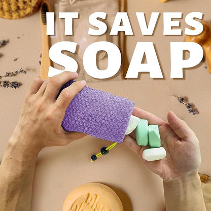 MIG4U Exfoliating Soap Bag for Shower 2 Pieces - Bar Soap Saver Pouch, Bamboo Body Scrubber Exfoliator Pocket in Travel Bathing, Purple