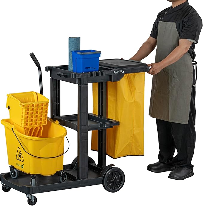 Restaurantware-Clean Tek Professional Janitor Cart with Wheels, 1 Cleaning Trolley with Cover and 18 Gallon Bag - 3 Shelves, Heavy-Duty, Black Plastic Commercial Janitorial Cart, for Restaurants