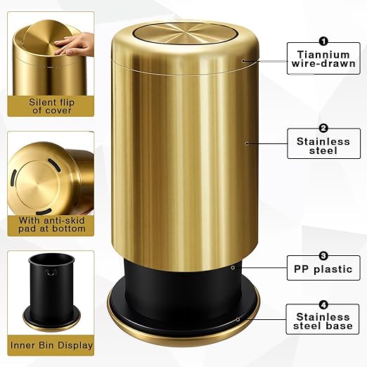 Maxdot 2 Pcs Small Gold Bathroom Trash Can with Flipping Lid and Toilet Brush Set 2.6 Gal/10 L Stainless Steel Garbage Can for Office Living Room Kitchen Bedroom Hotel, Toilet Brush with Holder