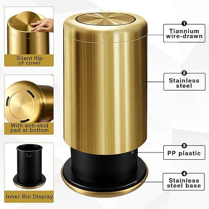 Maxdot 2 Pcs Small Gold Bathroom Trash Can with Flipping Lid and Toilet Brush Set 2.6 Gal/10 L Stainless Steel Garbage Can for Office Living Room Kitchen Bedroom Hotel, Toilet Brush with Holder