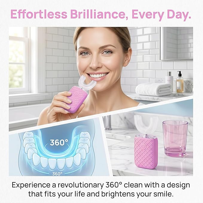 Sonic Electric U Shaped Toothbrush for Adults, Automatic Full Mouth Cleaning Toothbrush, 360° Stain Removal, IPX7 Waterproof Rechargeable, 3 U-Shape & 2 Straight Brush Heads (Pink)