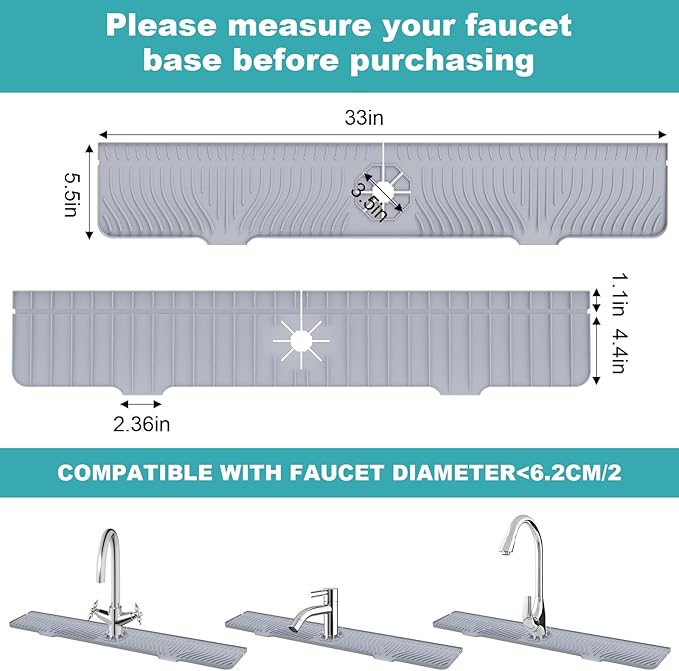 Longer Sink Splash Guard Mat 33 inch, Silicone Faucet Handle Drip Catcher Tray, Longer Silicone Sink Mat for Kitchen Bathroom, Drip Protector Splash Countertop (Grey)