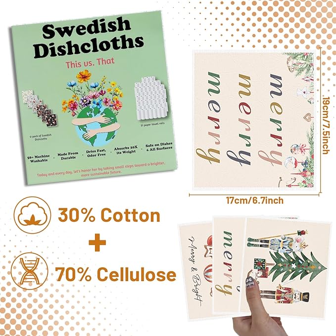 Nutcracker Christmas Swedish Dish Cloths - 6PCS Christmas Swedish Dishcloths for Kitchen, Fairy Themed Washing Reusable Dishes Towels, Xmas Washable Cleaning Sponge for Cleaning Fast Drying