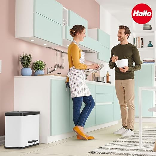 Hailo OKO Duo Plus L 0630-200 Kitchen Trash Can with 4.5 + 2.4 Gallon Bins, Rectangular Dual Compartment Recycling Step, Removable Inner Buckets with Soft-Close Lid, White