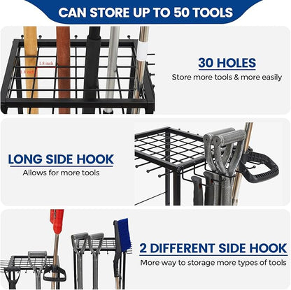 Garden Tool Organizer with 2-Tier Steel Shelves, Holds 50 Long-Handled Tools/Rakes/Brooms/Shovles for Garage Organization and Storage, Shed, Outdoor, Lawn, Heavy-Duty Steel, Black, Easy Assembly