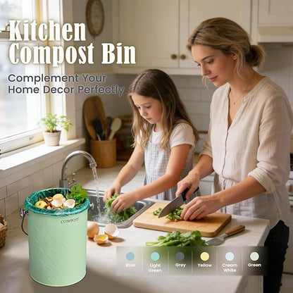AOSION Countertop Compost Bin Kitchen,Odorless Indoor Compost Bin with Lid,Farmhouse Composter Container for Food Waste,Includes 2 Carbon Filters, Small Compost Bucket,Trash Bags (Modern, Green)