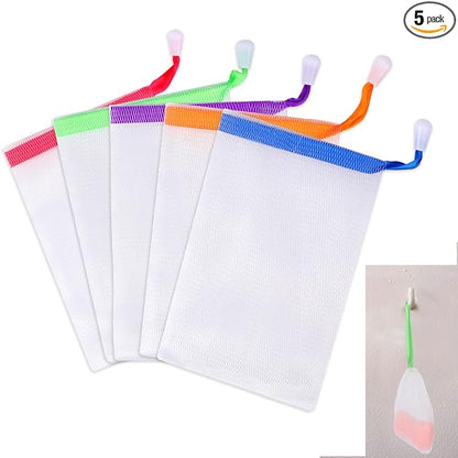 Mozeat Lens 5 PCS Soap Bags Handmade Soap Bubble Mesh Bags Exfoliating Soaps Saver Pouch Net Bag with Drawstring Body Facial Cleaning Tool for Bath & Shower (Assorted Colors)