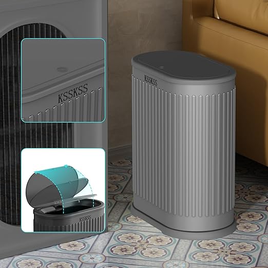 KSSKSS 1.8 Gallons Small Stainless Steel Trash Can with Press Type Lid, Slim Bathroom Garbage Bin, Removable Liner Bucket, Dog Proof Narrow Wastebasket with Pop-Up Lid for Bedroom,Toilet (Gray)