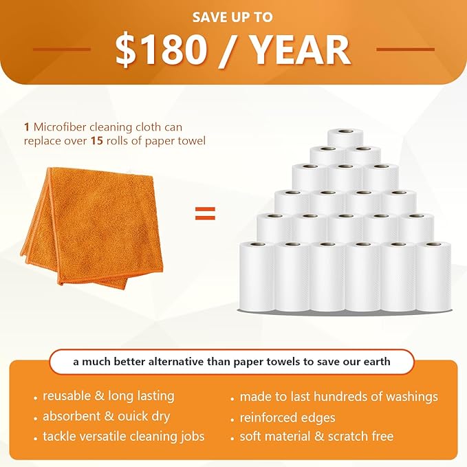 Kitchen Dish Cloths, 12 Pack, 10 x 10 Inches, Super Absorbent Kitchen Towels, Soft Lint Free Reusable Dish Cloths for Nonstick Cookware, Counters and Sink, Orange
