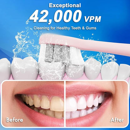 Kuicur Sonic Electric Toothbrush for Adults & Kids, Rechargeable Electric Toothbrush with 10 Brush Heads & Travel Case, Teeth Whitening, Power Tooth Brush with Holder, Charge for 120 Days - Pink