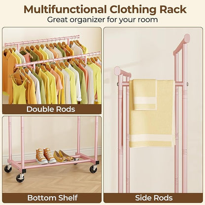 HYSEYY Double Rods Clothes Rack, Sturdy Rolling Clothing Rack, Portable Clothing Racks for Hanging Clothes - Metal Garment Rack Wardrobe Coat Rack for Bedroom Laundry Living Room, Pink