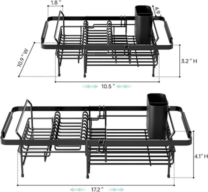Urackify Dish Drying Rack in Sink - Expandable (14.5''-18''L) Over The Sink Dish Rack with Utensil Holder, Space-Saving Dish Drainer for Kitchen Counter, 1 Piece, Matte Black