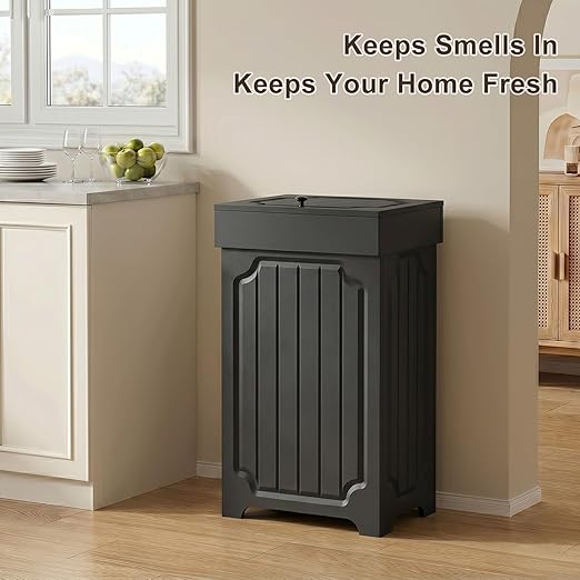 Povrgive Wood Trash Can Cabinet, 13 Gallon Hidden Kitchen Garbage Can with Lid, Farmhouse Dog Proof Trash Can, Metal Ring Included, 16" L x 13" W x 26.5" H, Black
