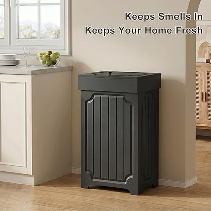Povrgive Wood Trash Can Cabinet, 13 Gallon Hidden Kitchen Garbage Can with Lid, Farmhouse Dog Proof Trash Can, Metal Ring Included, 16" L x 13" W x 26.5" H, Black
