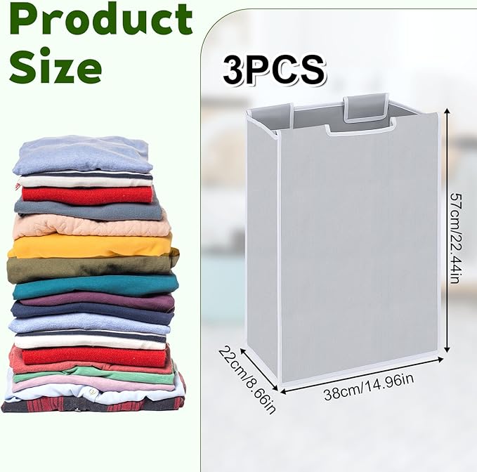 3 Pcs Large Laundry Sorter Replacement Bags, Hamper Cart Removable Replacement Laundry Storage Organizer Bag Hamper Liner for Dirty Clothing, Gray 15" x 8.7" x 22.4"