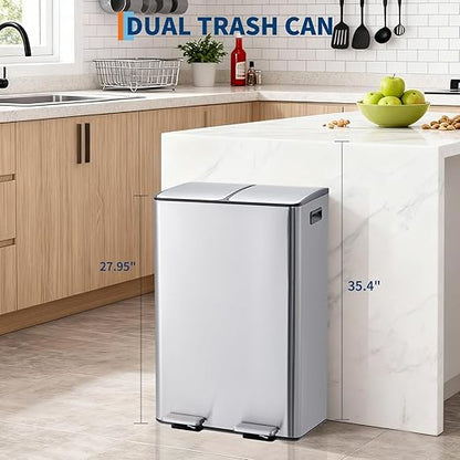 Takywep 2 x 8 Gal (2 x 30L) Kitchen Dual Trash Can, Stainless Steel Double Trash Can with 2 Removable Inner Buckets, Soft-Close Lid, Double Compartment Recycling Bin for Kitchen Home Office, Silver