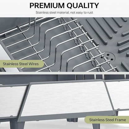 Urackify Large Dish Drying Rack - Triple Expandable Dish Rack for Kitchen Counter, Stainless Steel Sink Organization and Storage Essentials with Utensil & Pans Holder for Home and Appartment, Gray