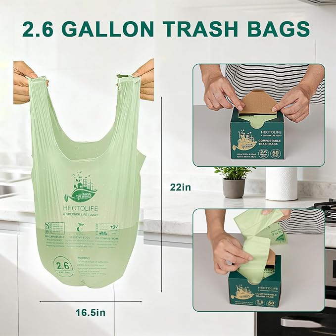 HECTOLIFE 2.6 Gallon 300 Count,Compostable Bags Handle Tie,Tear Resistant Kitchen Food Scrap Waste Bag, ASTM D6400, US BPI and Europe OK Compost Home Certified