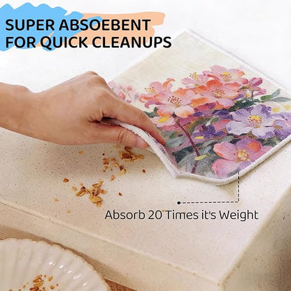 Swedish Dishcloths 5 Pack, Reusable Absorbent Kitchen Cleaning Cloths, Eco-Friendly Quick Dry Dish Towels for Dishes, Countertops & Household Cleaning (Oil Floral)