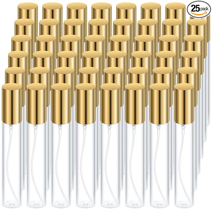 Yinder 25 Pcs 15 ml Glass Refillable Perfume Bottles Bulk Travel Empty Perfume Atomizer Sprayers Portable Spray Bottles Mini Sample Fragrance Containers, Gold