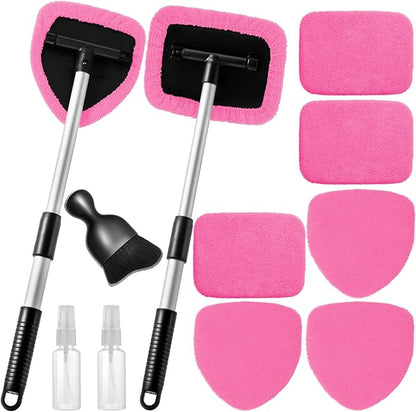 Qydipclin 11pcs Windshield Cleaner Tool, Car Window Cleaning Wash Kit with 6 Reusable Microfiber Pads 2 Spray Bottles and Extendable Handles Auto Glass Wiper Kit, Pink