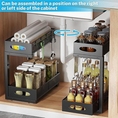 1 Pack Under Sink Pull Out Organizer, 2-Tier Adjustable Height Carbon Steel Storage Rack for Kitchen and Bathroom Cabinet, Black