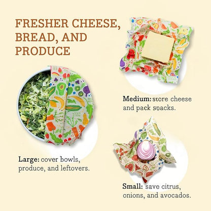 Bee's Wrap Beeswax Wraps for Food - 3 Pack of Assorted Beeswax Wraps - Small, Medium & Large Wrap - Plastic Free Made in USA Reusable Natural Food Wrap - Garden Party Print