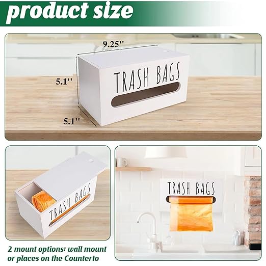 Trash Bag Dispenser, Wall Mount Trash Bags Holder Dispenser with Lid Wooden Kitchen Trash Bag Roll Organizer Plastic Garbage Bag Storage for Cabinet. (White)