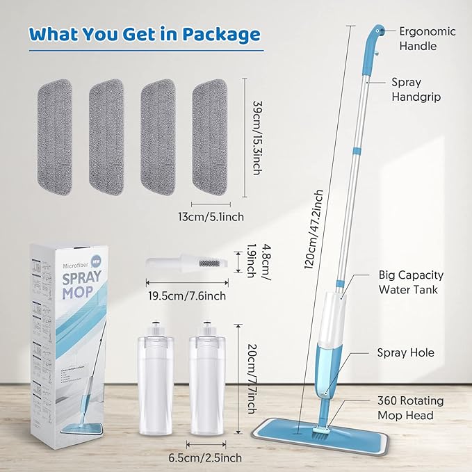 Spray Mops for Hardwood Floor Cleaning: MEXERRIS Wet Mops with 2 Bottles - Floor Mop with 4 Reusable Washable Pads for Swiffer Powermop - Dust Dry Mops with Spray for Laminate Wood Vinyl Tiles