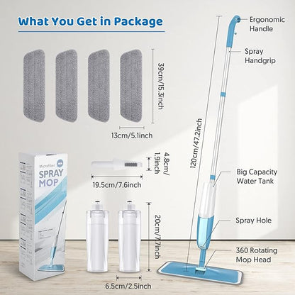 Spray Mops for Hardwood Floor Cleaning: MEXERRIS Wet Mops with 2 Bottles - Floor Mop with 4 Reusable Washable Pads for Swiffer Powermop - Dust Dry Mops with Spray for Laminate Wood Vinyl Tiles