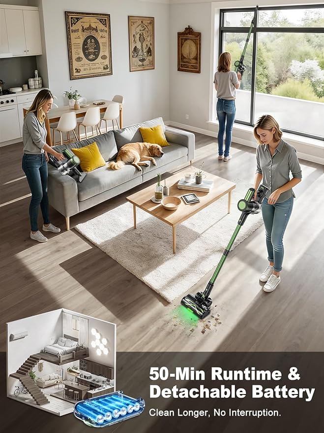 Cordless Vacuum Cleaner,58kPa/10-in-1 Stick Vacuum with 29-inch Hose and LED Lighting Brush,50Mins Runtime Vacuum Cleaner for Home,Self-Standing Vacuum with Anti-Tangle Brush for Pet Hair/Carpet/Floor