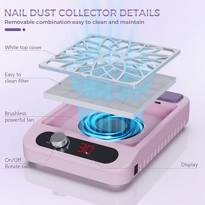 Nail Dust Collector for Nail Techs, Compact & Quiet nail vacuum dust collector with Reusable Filter, Powerful Nail Fan Nail Tech must Haves for Gel Polish, Pedicures, Salon & Home Use, purple