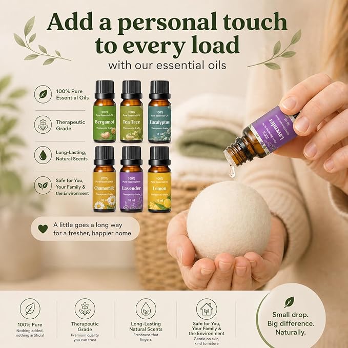Complete Laundry Kit – Laundry Detergent Sheets, Wool Dryer Balls & Essential Oils – 3 Sheet Packs + 6 XL Puppy Dryer Balls + 6 Scent Oils for Natural Clean, Soft & Fresh Laundry